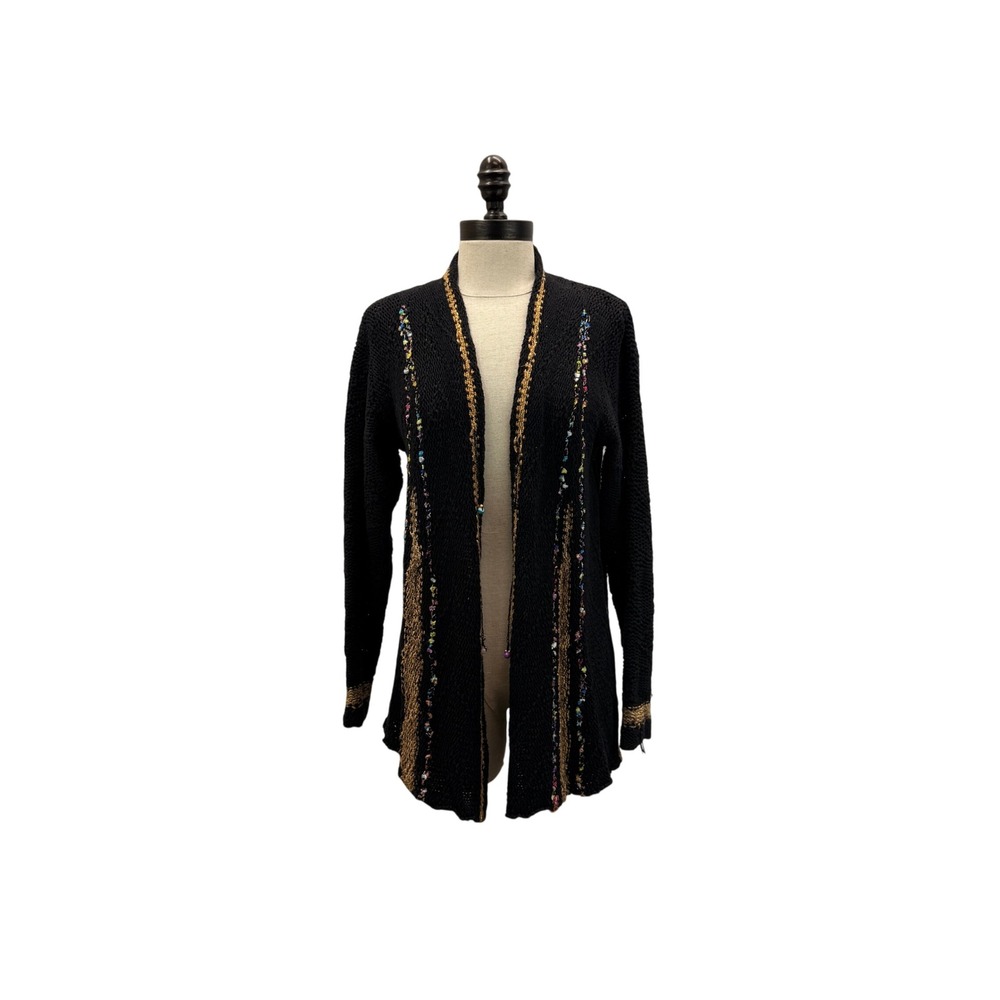 Parvaneh Knitwear Cardigan Women M Black Excellent Gold Trim Confetti Knit USA